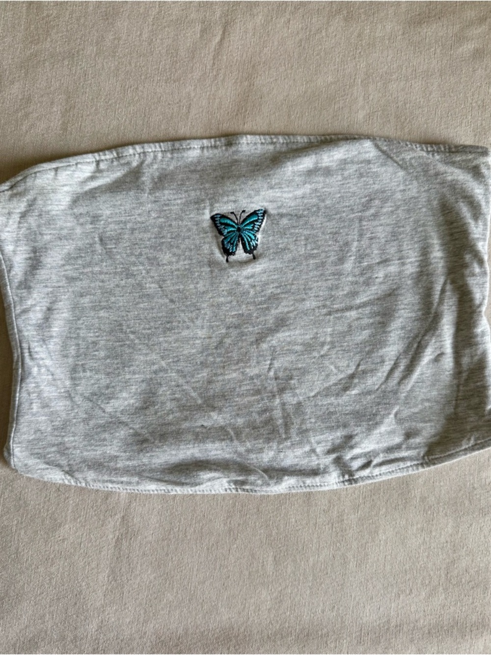 Bluenotes Light Gray Tube Crop Top with Teal Butterfly Embroidery
